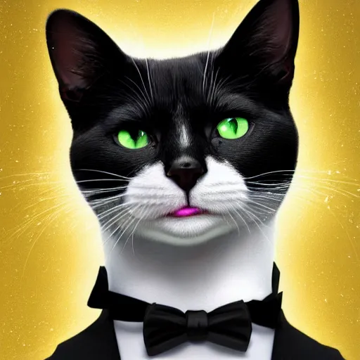 Prompt: Portrait of a beautiful black and white cat wearing tuxedo in space with colorful bright green eyes, medium shot, hd, 8k, hyper-realism, detailed, octane 8k,