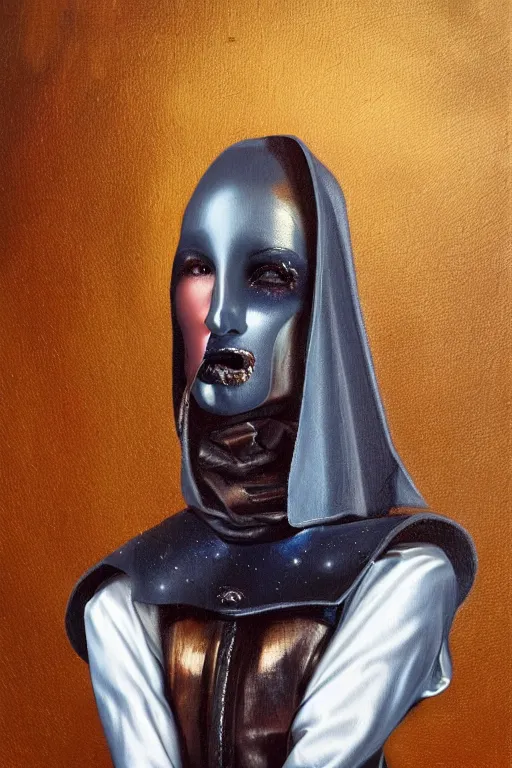 Image similar to hyperrealism oil painting, close - up portrait of european medieval brunette vampire fashion model, knight, steel gradient mixed with nebula sky, in style of baroque