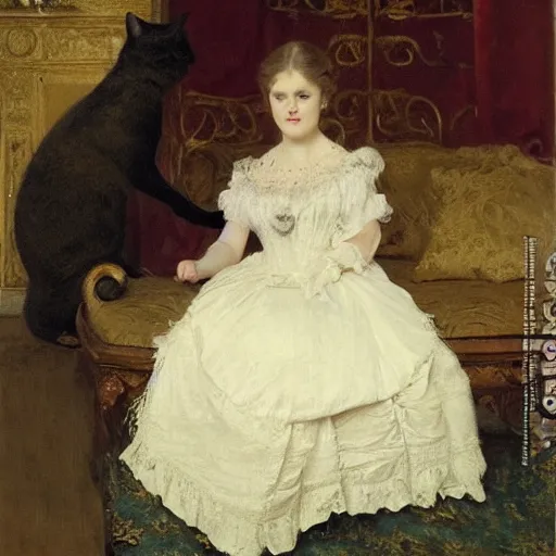 Image similar to young victorian lady in ball gown petting a cat, painted by alfred stevens