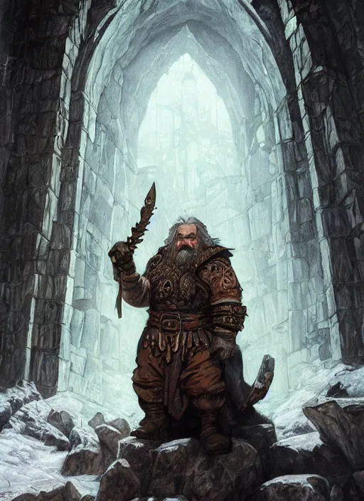 Image similar to Hulgen the dwarf. A humble dwarven stone mason completes the great gate of moria. Fantasy concept art. Moody Epic painting by James Gurney, and Alphonso Mucha. ArtstationHQ. painting with Vivid color. (Dragon age, witcher 3, lotr)