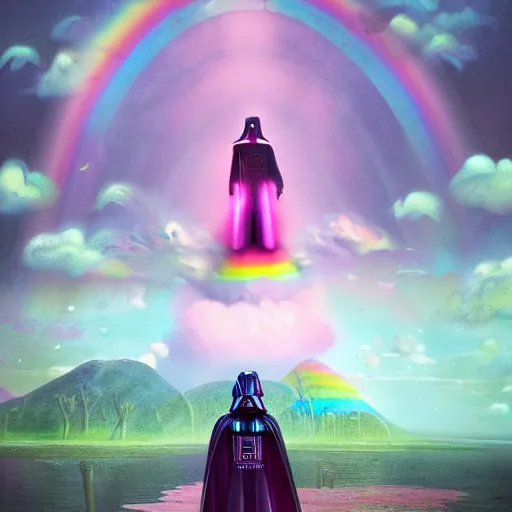 Prompt: beautiful matte painting, rainbow colored pink pink darth vader wearing pink wearing pink, riding a unicorn, riding a unicorn, riding a unicorn with one horn, over a glittering rainbow, in psychedelic space, by lisa frank and dan mumford, octane render, HDR, vivid color, volumetric lighting, unreal engine, concept art, CGsociety, trending on artstation