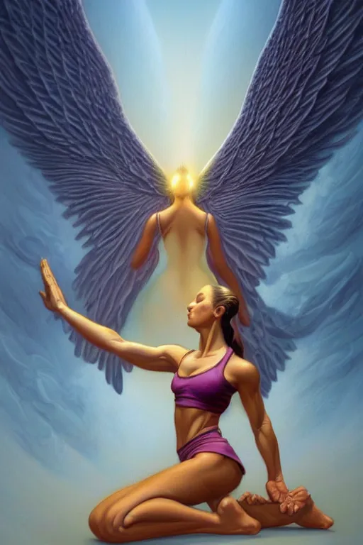 Image similar to angel doing yoga in temple, fantasy, intricate, elegant, highly detailed, digital painting, artstation, concept art, matte, sharp focus art by boris vallejo, smooth, sharp focus, illustration