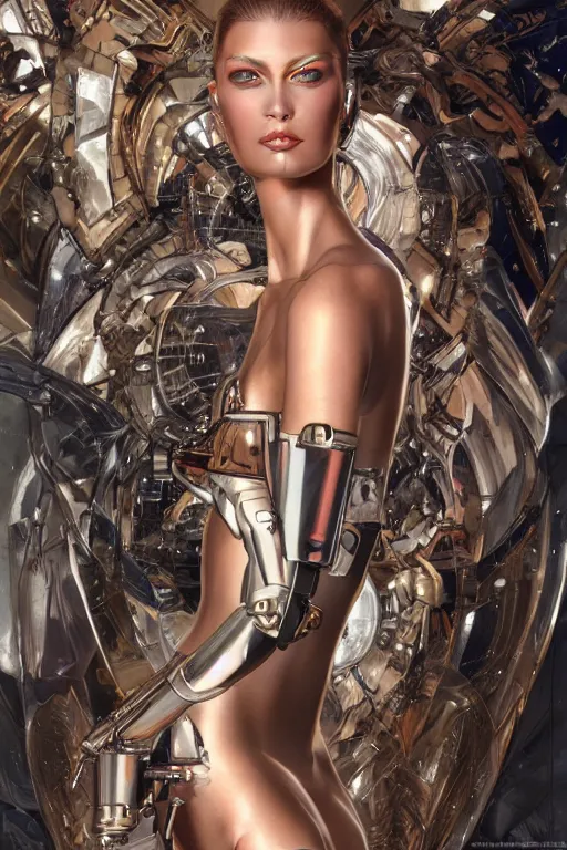 Prompt: Photorealistic illustration, fashion show with cyborg , with fashion clothe, six digital eyes by sorayama , sci-fi, futuristic, intricate, elegant, highly detailed, digital painting, artstation, concept art, smooth, sharp focus, art by artgerm, sorayama, greg rutkowski and alphonse mucha