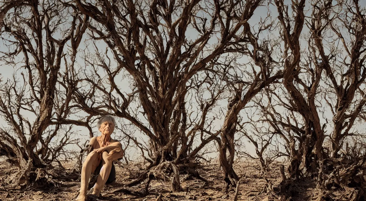 Prompt: full shot of a 65-year-old Gaia, visible tears on her face, facing the camera and sitting on a dried up river in a desolate land, dead trees, blue sky, hot and sunny, highly-detailed, elegant, dramatic lighting, artstation, 4k, cinematic landscape, photograph by Elisabeth Gadd