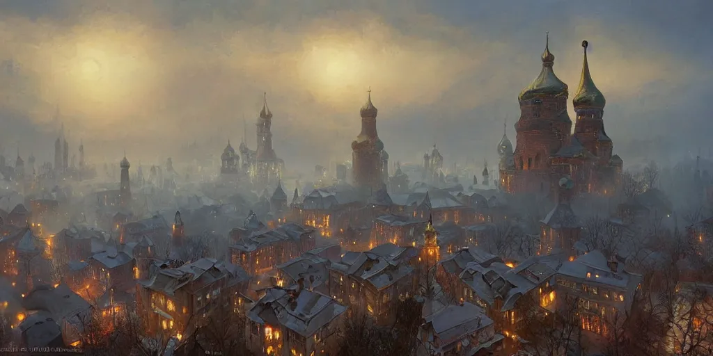 Prompt: Beautiful magical Old Rus city of Kitezh in mist, magic lights, strange buildings, oil painting, concept art, fantasy cityscape, art by Ted Nasmith and James Gurney, hyperborea, high resolution, trending on artstation