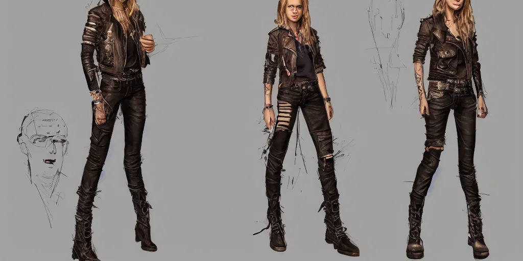 Image similar to portrait of halston sage as a tattooed wanderer, wearing scratched and ripped leather shorts, wearing an aviator jacket, character sheet, fine details, concept design, contrast, kim jung gi, greg rutkowski, trending on artstation, 8 k, full body, turnaround, front view, back view, ultra wide angle