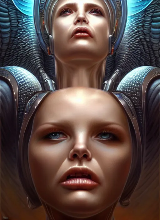 Image similar to portrait shot of screaming cybertronic angel in a scenic dystopian environment, intricate, elegant, highly detailed, centered, digital painting, artstation, concept art, smooth, sharp focus, illustration, artgerm, tomasz alen kopera, peter mohrbacher, donato giancola, joseph christian leyendecker, wlop, boris vallejo