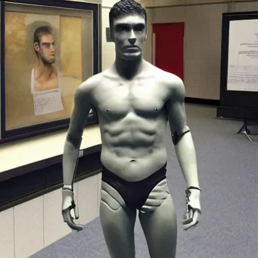 Prompt: “a realistic detailed photo of a guy who is an attractive humanoid who is half robot and half humanoid, who is a male android, American freestyle and folkstyle wrestler Daton Fix, shiny skin, posing like a statue, blank stare, at college, on display”