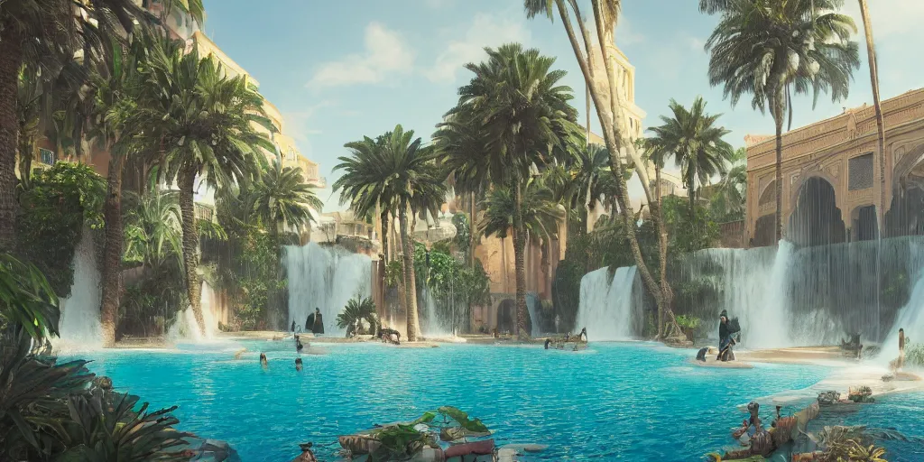 Prompt: beautiful pool waterfalls surrounded by palm trees, moroccan tile archways, industrial buildings, ivory towers, sun setting, ross tran, fantasy, james jean, peter morbacher, angelarium, alchemy, luxury, heavenly light, soft illumination, trending on artstation, cinematic lighting, digital painting, octane render, artgerm