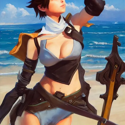 Image similar to greg manchess painting of tracer from overwatch as 2 b nier automata on the beach holding a sword, organic painting, sunny day, matte painting, bold shapes, detailed, detailed, face trending on artstation, artstationhd, artstationhq, hard edges, by huang guangjian and gil elvgren and sachin teng