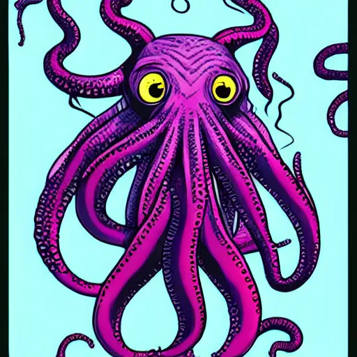 Prompt: comic book panel of a medium shot cute cthulhu by jamie mckelvie moving it's tentacles against a blue background, digital art