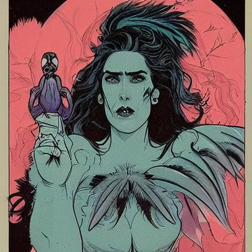 Image similar to jennifer connelly as gothic dark fae disney villain with black feathers instead of hair, feathers growing out of skin, space station, zero gravity, pulp sci fi, mike mignola, comic book cover, vivid, beautiful, illustration, highly detailed