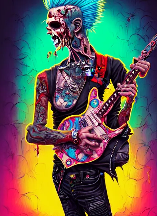 Image similar to a zombie punk rocker with a mohawk playing electric guitar, tristan eaton, victo ngai, artgerm, rhads, ross draws