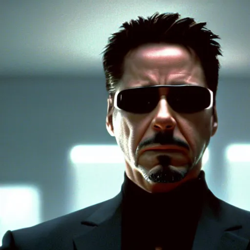 Image similar to cinematic still of Tony Stark in The Matrix (1999), XF IQ4, f/1.4, ISO 200, 1/160s, 8K, RAW, dramatic lighting, symmetrical balance, in-frame