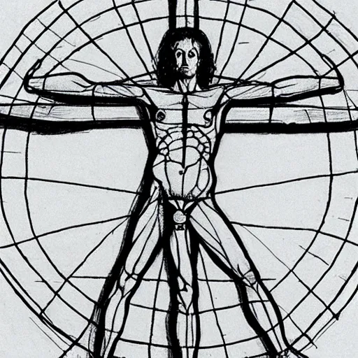 Prompt: Vitruvian Man by Edward Hopper, line drawing, highly detailed, HD,