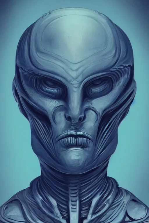 Image similar to portrait from a handsome blue masculine extraterrestrial alien, sci - fi art, hr giger, trending on artstation