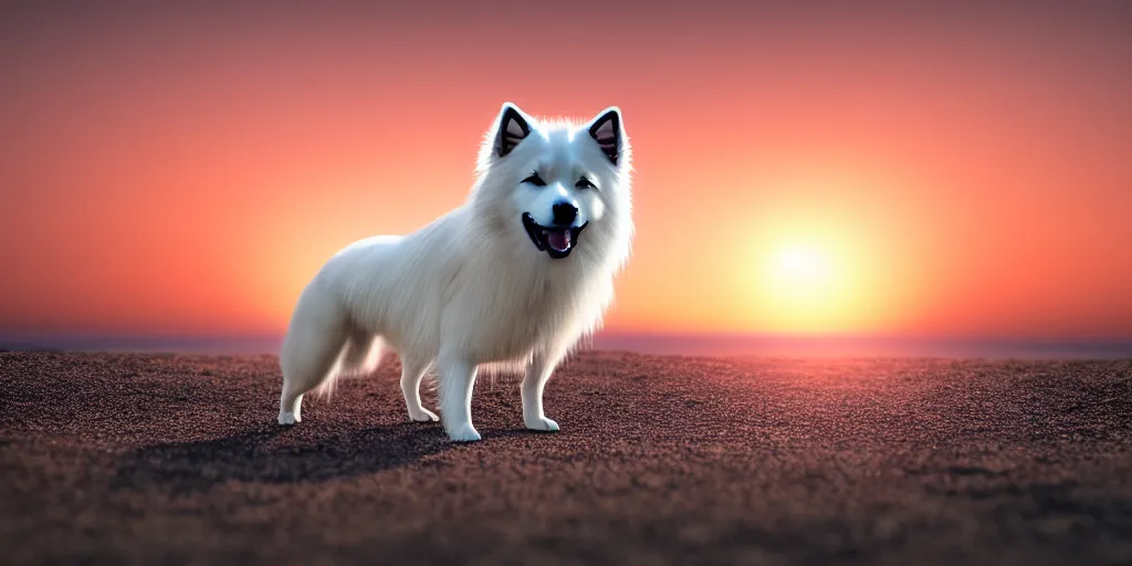 Prompt: a closeup photorealistic photograph of a cyborg japanese spitz on the beach at sunset. part dog part machine, pipes and wires glowing eyes. this 4 k hd image is trending on artstation, featured on behance, well - rendered, extra crisp, features intricate detail and the style of unreal engine. golden hour