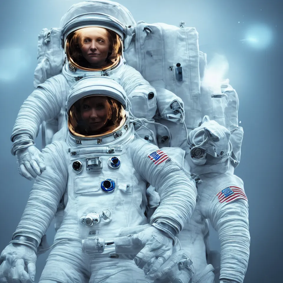 Image similar to portrait of a astronaut wearing head phones by ben templesmith, dynamic lighting, gradient light blue, blonde cream and white color scheme, epic composition, hd, octane, unreal engine, volumetric lighting, light rays, masterpiece, award - winning