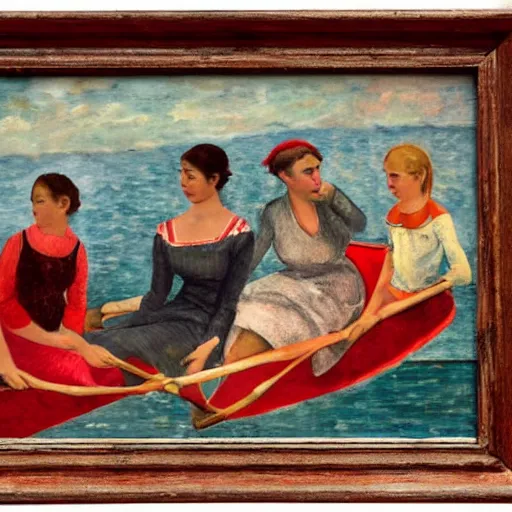 Prompt: rich details red by max weber. the collage of a group of well - dressed women & children enjoying a leisurely boat ride on a calm day. the women are chatting & laughing while the children play with a toy boat in the foreground.