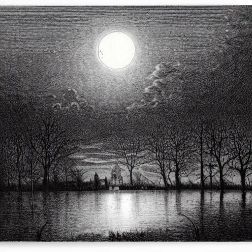 Image similar to a distant city, trees, night, full moon, clouds, chiaoscuro, illustration by Gustave Doré