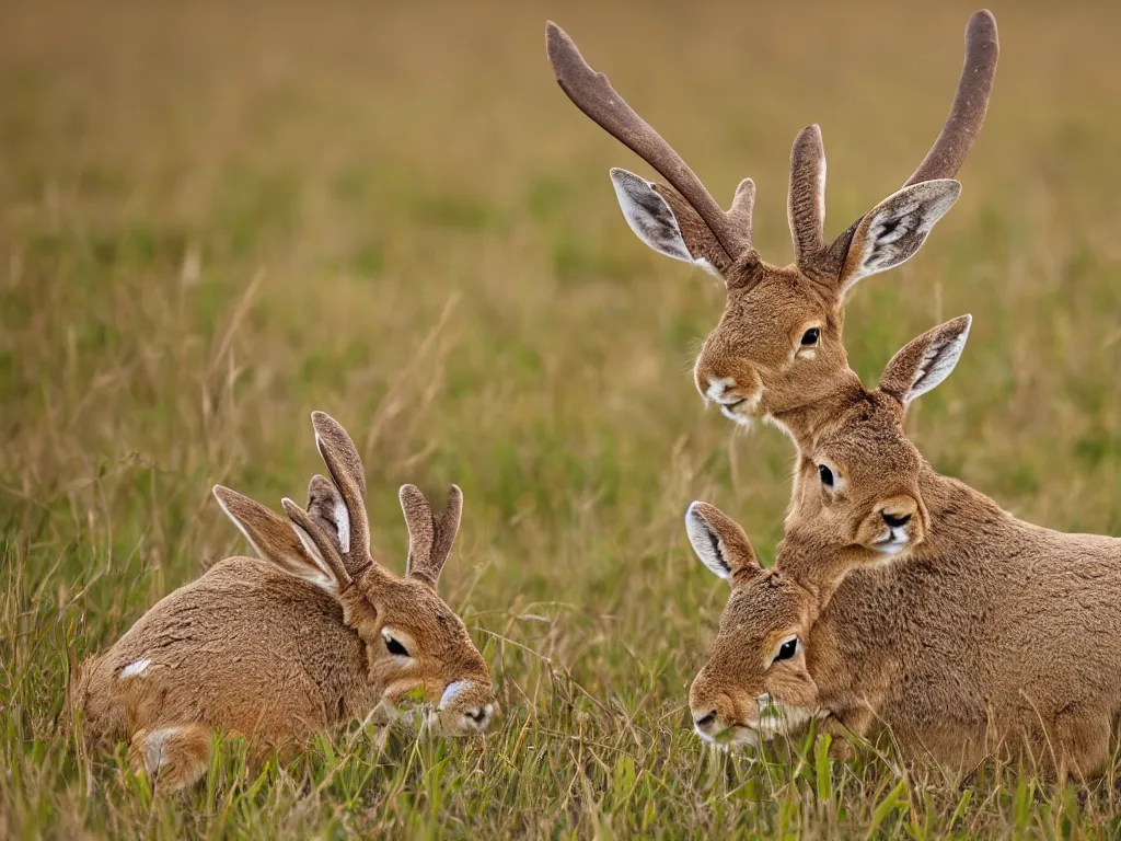 Image similar to a photograph of a jackalope grazing in a field, by national geographic, ultra real, 8 k, high resolution, golden hour, depth of field, nature photography