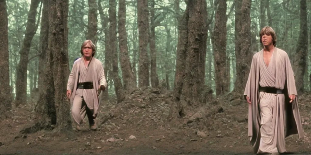 Prompt: screenshot from the film Star Wars The Lost Jedi 1982, of Luke Skywalker in dark jedi robe is lost on a surreal pink planet with black trees, minamilist 1980s sci fi film by Stanely Kubrick film, color kodak, Ektachrome, anamorphic lenses, detailed faces, hyper-realistic, photoreal, detailed portrait, moody award winning cinematography, beautiful lighting