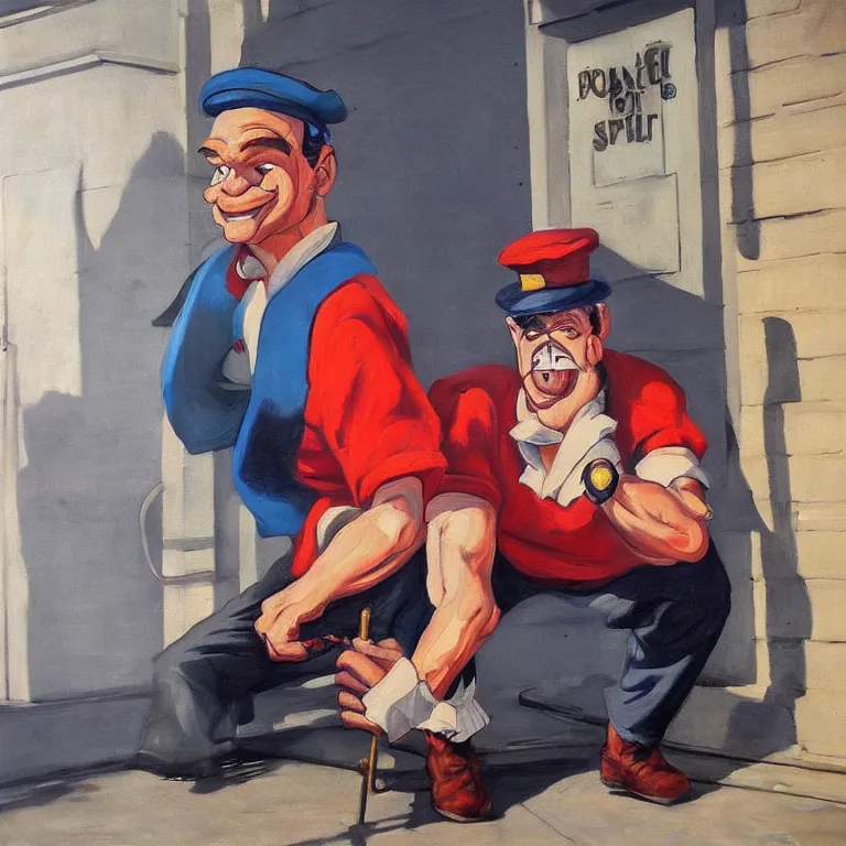 Prompt: Street-art portrait of Popeye the Sailor in style Edward Hopper, photorealism