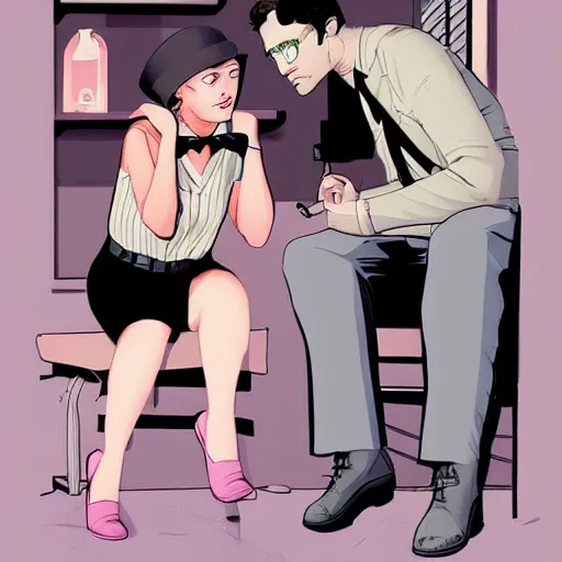 Prompt: a pretty girl getting interrogated by a detective, by tomer hanuka