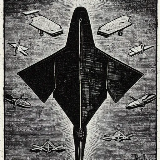Image similar to woodcut of a b 2 stealth bomber by albrecht durer