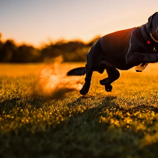 Prompt: black lab chasing a stick through a field of hotdogs, golden hour, very detailed, 4 k