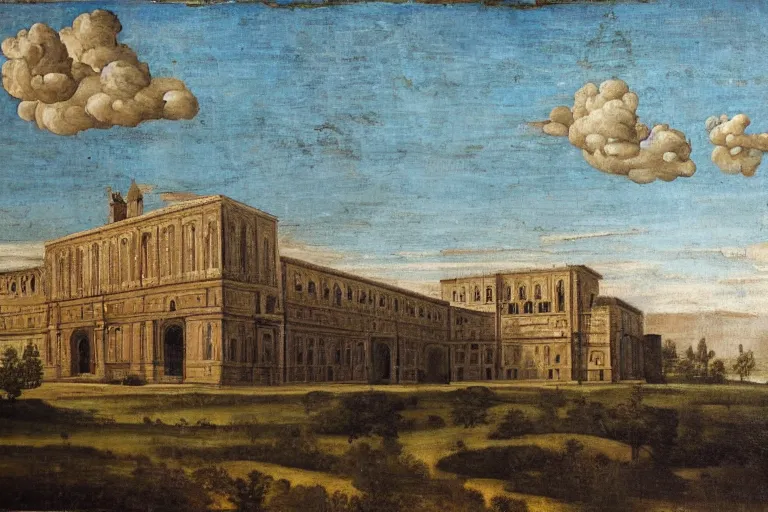 Prompt: an oil painting of a renaissance palace, clouds in the sky