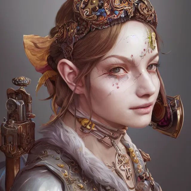 Image similar to studio portrait of neutral good colorful female cleric bard healer as absurdly beautiful, elegant, young sensual pretty woman, ultrafine hyperrealistic detailed face illustration by kim jung gi, irakli nadar, intricate linework, sharp focus, bright colors, matte, octopath traveler, final fantasy, unreal engine highly rendered, global illumination, radiant light, intricate environment