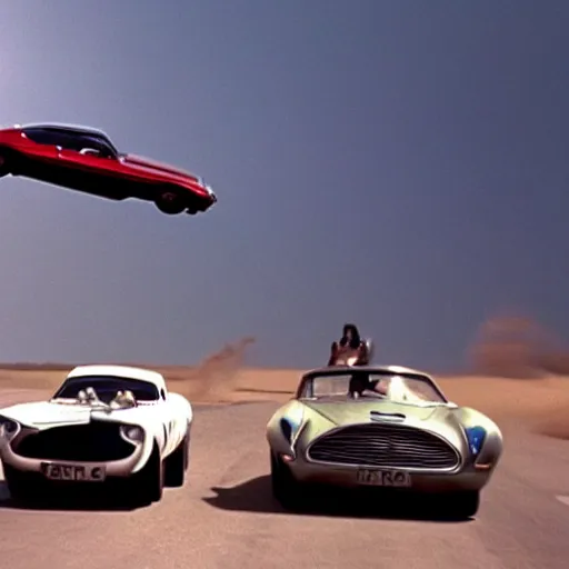 Image similar to car chased by anothrr car which is flying in the sky, movie still of James bond