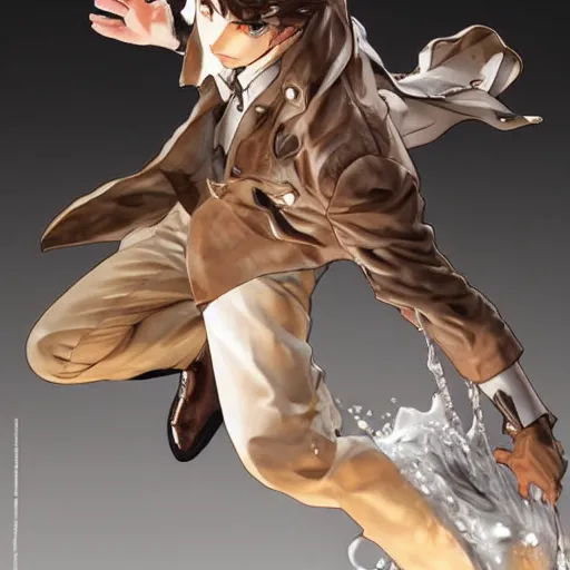 Prompt: epic battle brown haired boy summons a huge wave of water. detailed. masterpiece. dramatic. rule of thirds. jc leyendecker. repin. shigenori soejima.