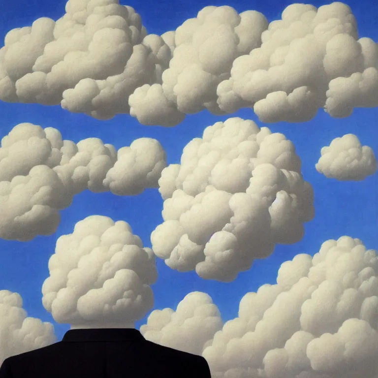 Prompt: portrait of a cloud head man, by rene magritte, centered, detailed painting, hd, hq, high resolution, high detail, 4 k, 8 k