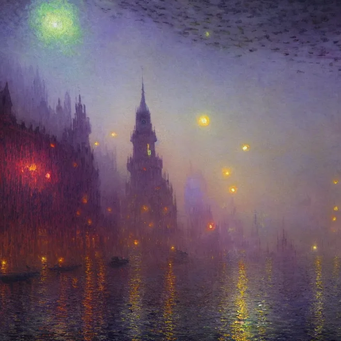 Image similar to a beautiful painting of a gothic city, colourful stars shining at night, astrophotography, cthulhu, colors out of space by ivan aivazovsky and greg rutkowski and james gurney and frank lloyd and monet, in style of impressionnisme. hyper detailed, sharp focus, soft light. unreal engine 5 lumen. ray tracing. trending on artstation. oil on canvas