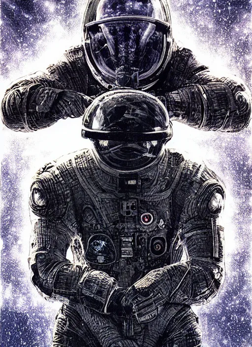 Image similar to astronauts in the dark infinite underwater void - complex and hyperdetailed technical suit, fabric material. reflection and dispersion materials. rays and dispersion of light. volumetric light. wide angle, f / 3 2. noise film photo. flash photography. ultra realistic, wide angle. poster by wayne barlowe, hajime sorayama aaron horkey, craig mullins