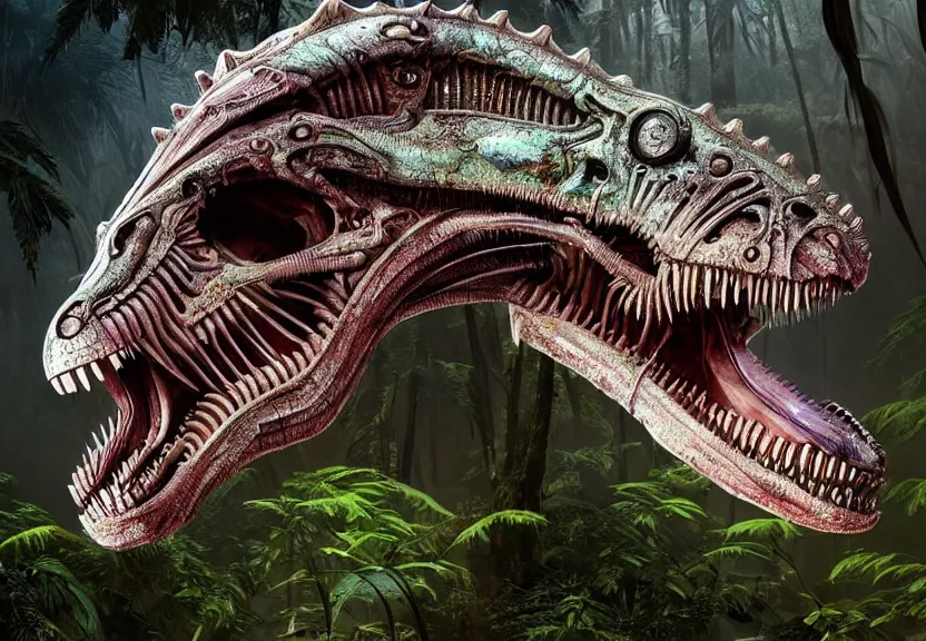 Image similar to extremely detailed. full body pictures of a gem - toned cybernetic tyrannosaurus rex engine. iridescent biomechanical giger ’ s xenomorph. the thing. detailed and intricate environment, wide angle, hyperrealism, plants and jungle, detailed and intricate environment, reflective, dynamic lighting, studio ghibli, 8 k