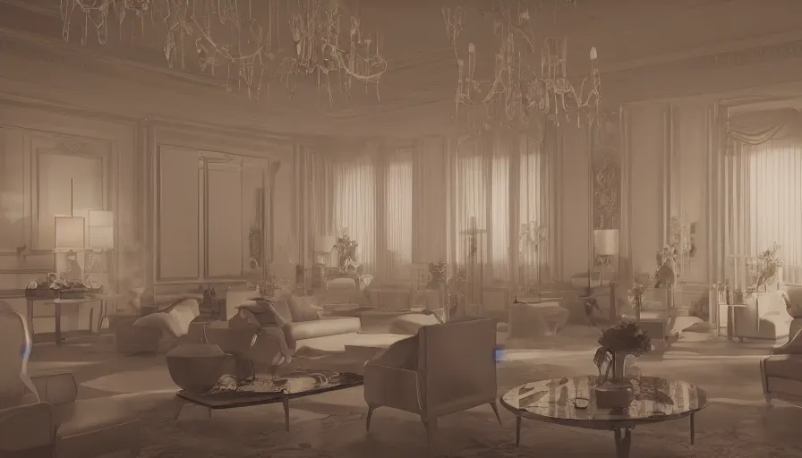 Image similar to Fashion! Catwalk rendering in a high-society luxury! apartment, Hazy Atmosphere, Cinematic Lighting, Wallpaper, Octane, Redshift, 4k