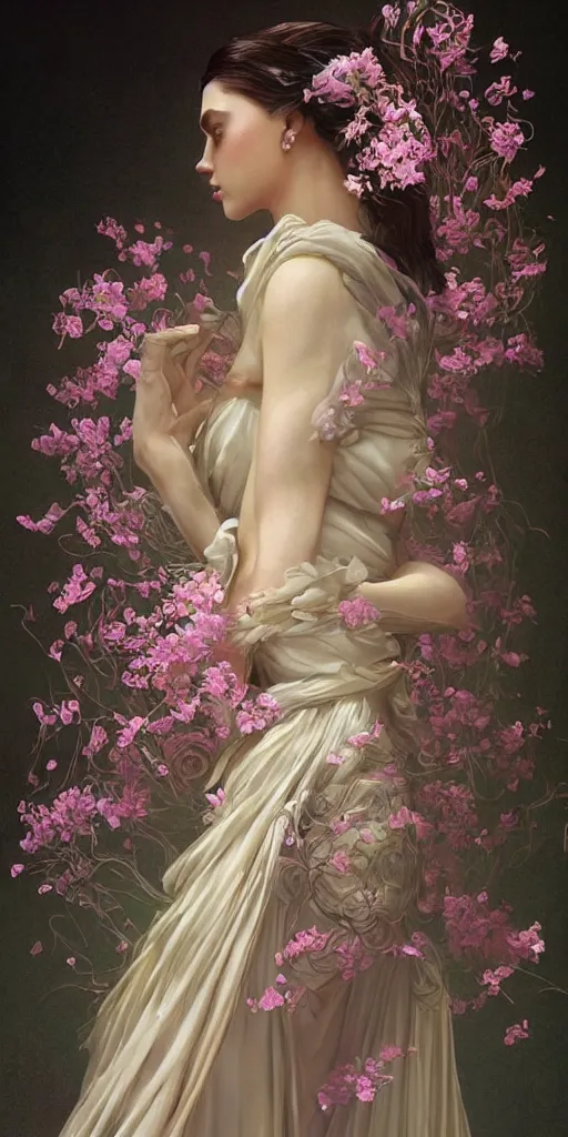 Prompt: beautiful, young woman, standing full body, detailed gorgeous face, sad eyes, vaporwave aesthetic, synthwave long luxurious gown made out of pearls, hair done up with flowers and ribbons, digital art, flowers, butterflies, birds, painting, artstation, concept art, smooth, sharp focus, illustration, art by artgerm and greg rutkowski and alphonse mucha