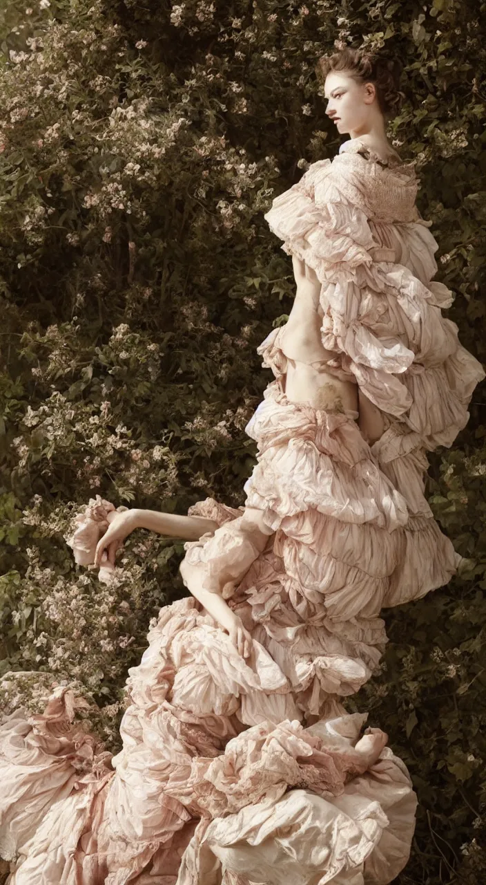 Image similar to fashion editorial by Jean-Honoré Fragonard. outdoor. highly detailed. 8k. depth of field. photography