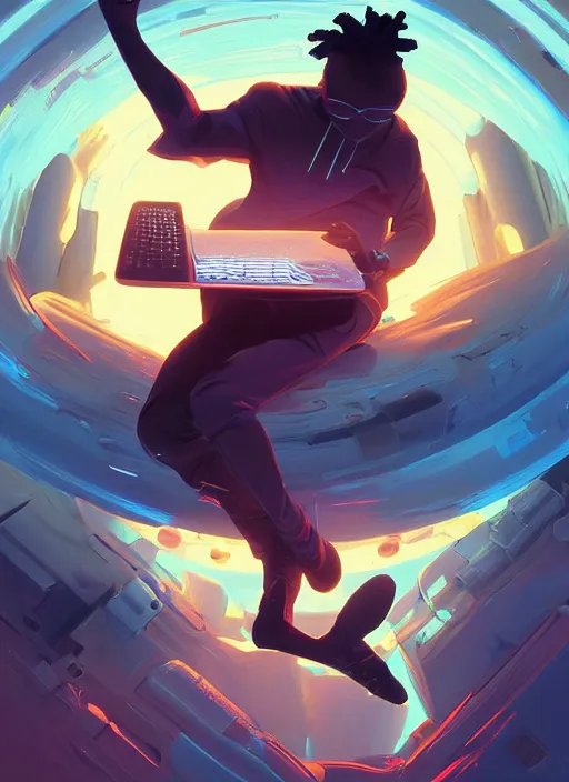 Image similar to young black man floating in a cylindrical chamber, futuristic computer hardware and cybernetic imagery, digital painting artstation, 2 d game fanart behance hd by jesper ejsing, by rhads, makoto shinkai and lois van baarle, ilya kuvshinov, rossdraws, dramatic sunset, global illumination, radiant light, detailed and intricate environment