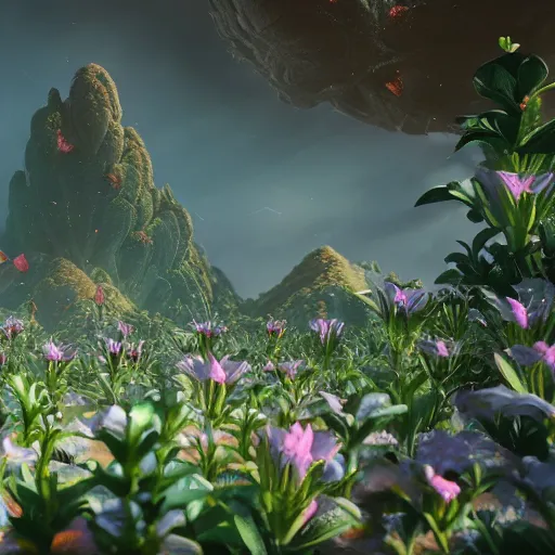 Image similar to an epic flowering alien landscape in the style of origami, 8 k, cinematic light, artstation