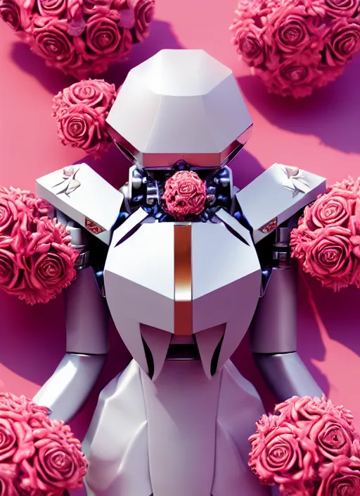 Prompt: mecha holding perfume bottle blooming from corals, daisies, roses contoured smooth fair walls carrying perfume bottle, up close shot, sharp focus, global illumination, radiant light, alexandre ferra white mecha, irakli nadar, octane highly render, 4 k, ultra hd,