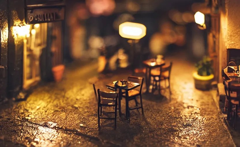 Image similar to miniature cafe nighttime diorama macro photography, cafe for mice, alleyway, ambient, atmospheric, british, bokeh, romantic