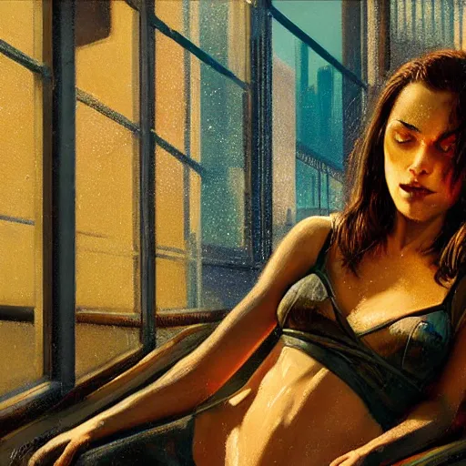 Image similar to detailed face of a woman, moment, cyberpunk cloisters, electronic billboards, tech noir, wet reflections, prism, atmospheric, ambient, pj crook, syd mead, livia prima, greg rutkowski, edward hopper