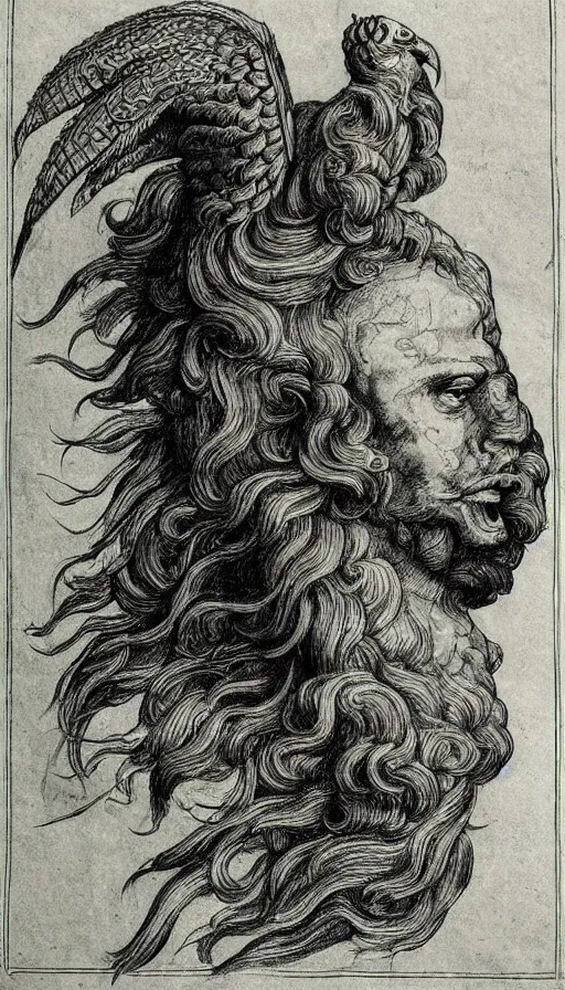 Image similar to human / eagle / lion / ox hybrid. horns, beak, mane, human body. drawn by da vinci