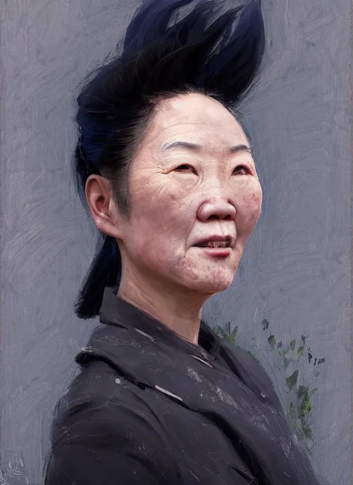 Image similar to portrait of Chin Li from League of Legends practicing, countryside, calm, fantasy character portrait, dynamic pose, above view, sunny day, thunder clouds in the sky, artwork by Jeremy Lipkin and Giuseppe Dangelico Pino and Michael Garmash and Rob Rey and Jean Giraud, very coherent asymmetrical artwork, sharp edges, perfect face, simple form, 100mm