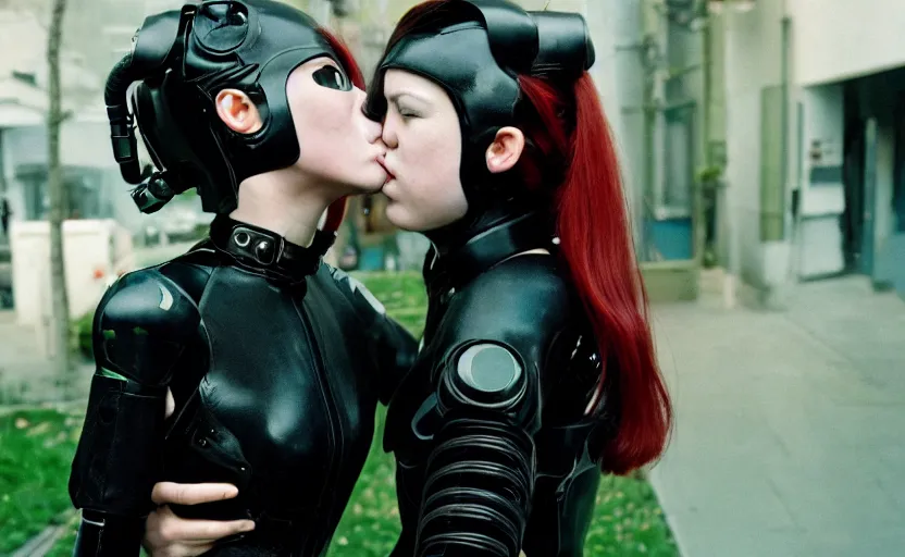 Image similar to cinestill 5 0 d photographic portrait by helen levitt of two loving female cyborgs kiss wearing black techwear in a retrofuturist garden, extreme closeup, modern cyberpunk, 8 k, hd, high resolution, 3 5 mm, f / 3 2, ultra realistic faces, intricate detail, ex machina