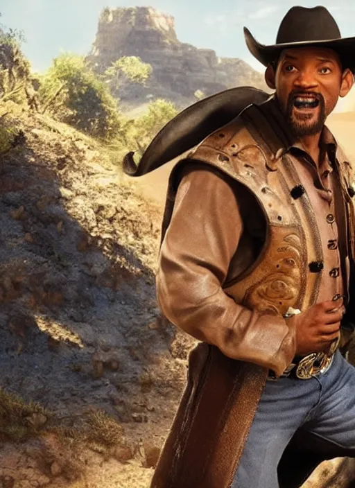 Prompt: an film still of will smith as cowboy with beard, western background, unreal engine. amazing likeness. very detailed.